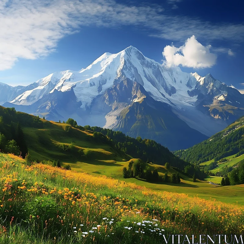 Snowy Mountain Peak over Green Valley AI Image