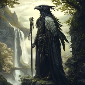 Anthropomorphic Eagle Guarding Waterfall