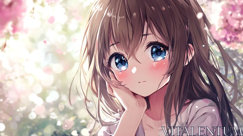 Anime Girl with Blue Eyes in Spring Blossom AI Image