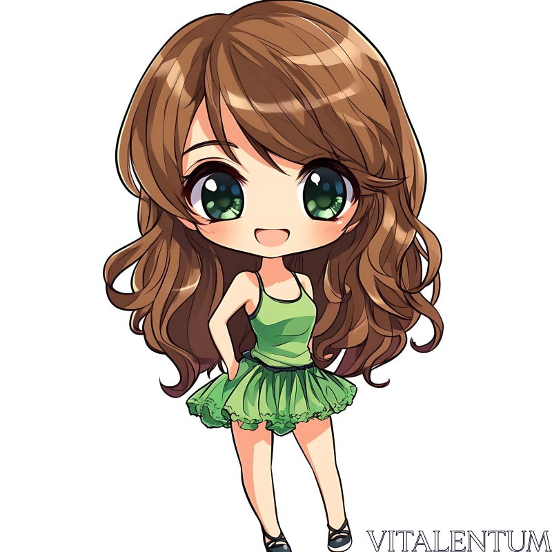 Adorable Chibi Character with Green Eyes and Brown Hair AI Image