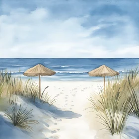 Watercolor Beach with Two Umbrellas