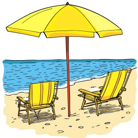 Cartoon Beach Chairs Under Umbrella
