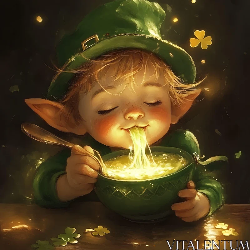 AI ART Whimsical Leprechaun with Glowing Soup