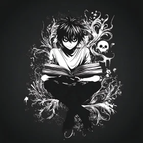 Stylized Anime Character with Book and Skull