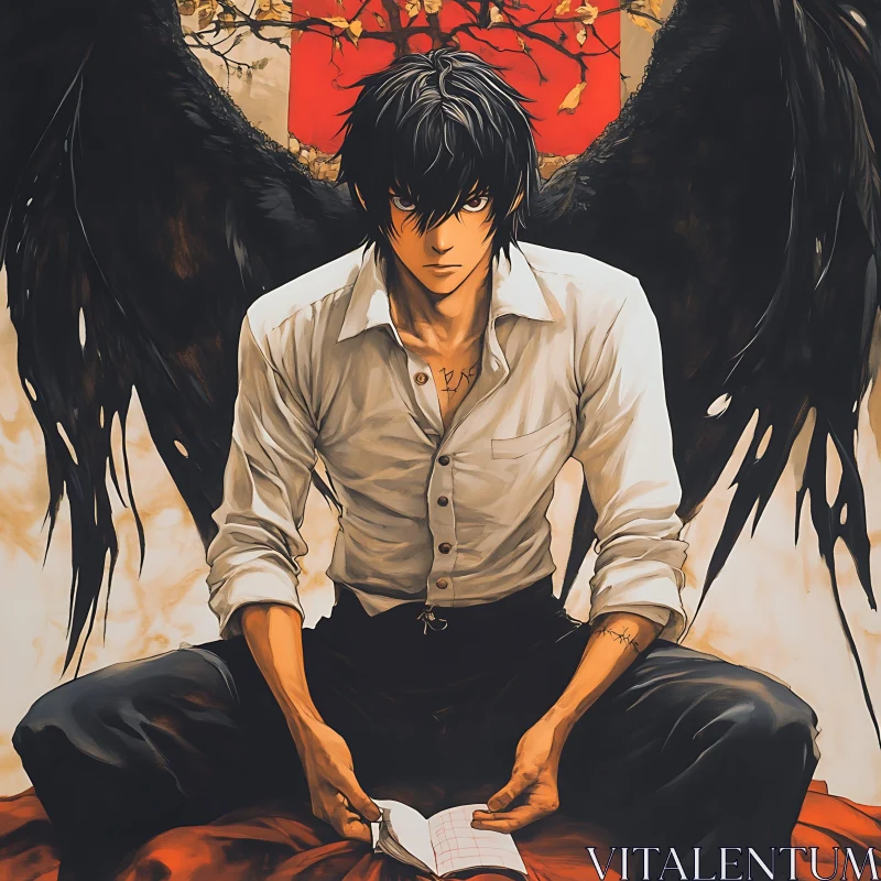 Intense Anime Angel with Black Wings AI Image