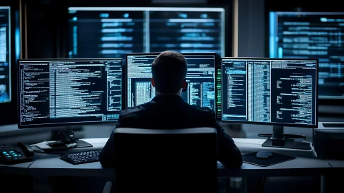 Man Coding at Multiple Computer Screens