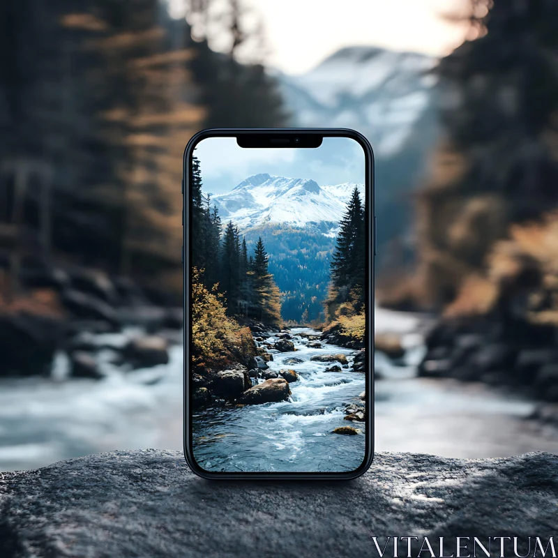 Scenic Mountain View Through Mobile Screen AI Image