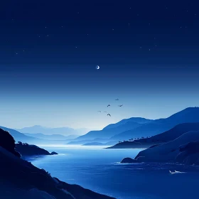 Blue Night Landscape with Crescent Moon