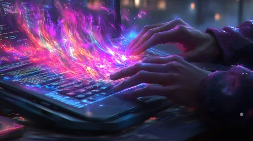 Hands on Laptop with Light Effects