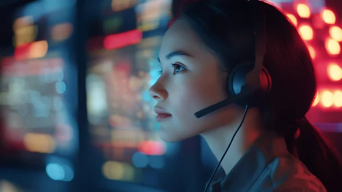 Woman Concentrating with Headphones