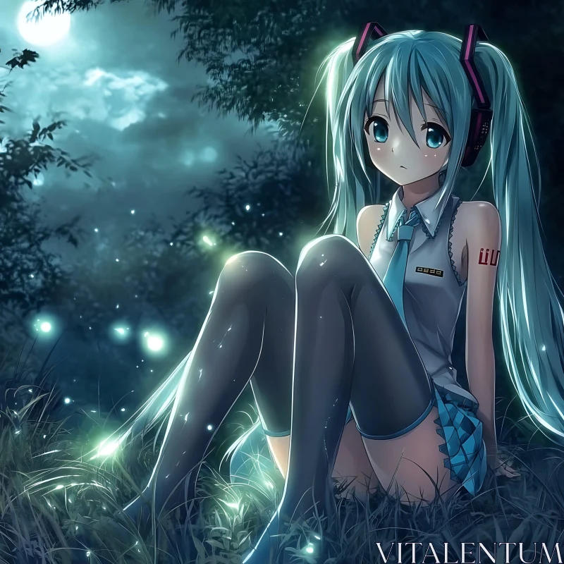 Pensive Anime Girl Surrounded by Fireflies in Moonlight AI Image