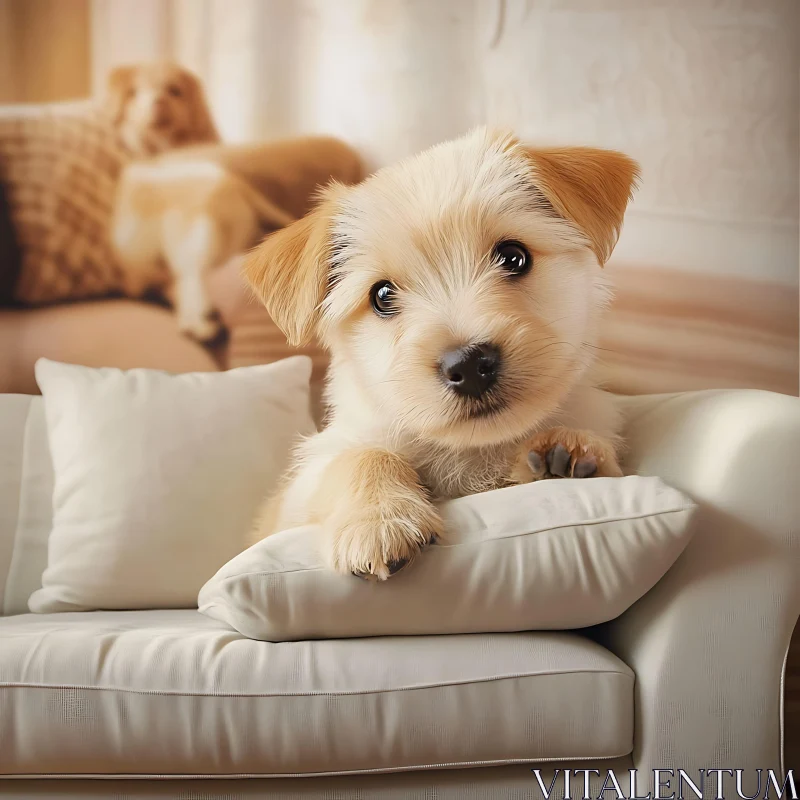 Charming Puppy on Rustic Couch AI Image