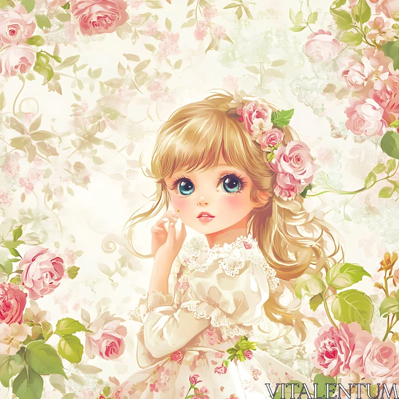 Adorable Girl with Roses and Lace Dress AI Image