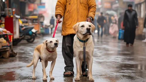 Walking Labradors in the City Rain