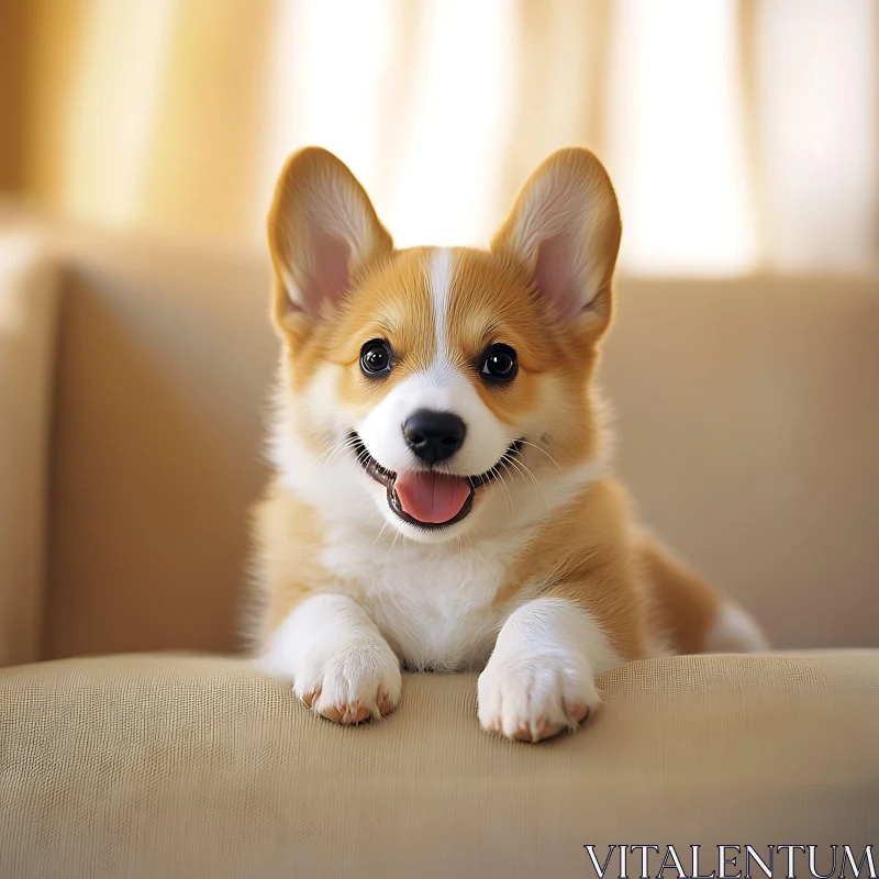 Charming Corgi Puppy Relaxing on Sofa AI Image