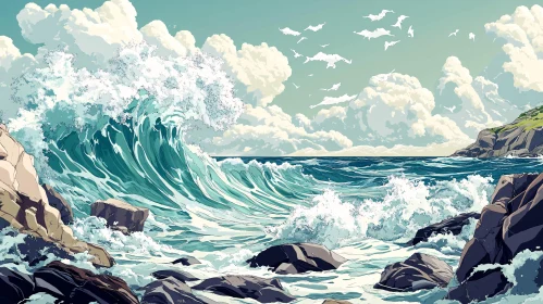 Coastal Wave Scene with Cloudy Sky