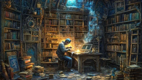 Man Welding in an Old Library