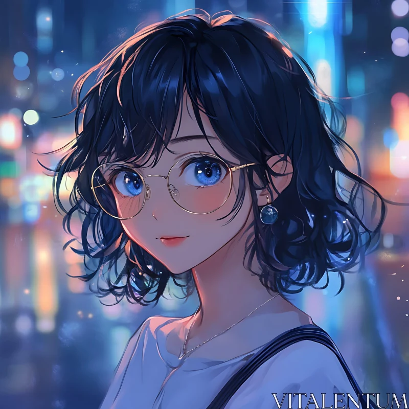 Nighttime Anime Girl with Glasses AI Image