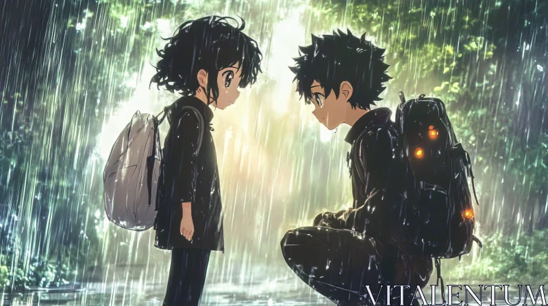 AI ART Anime Characters Meeting in the Rain