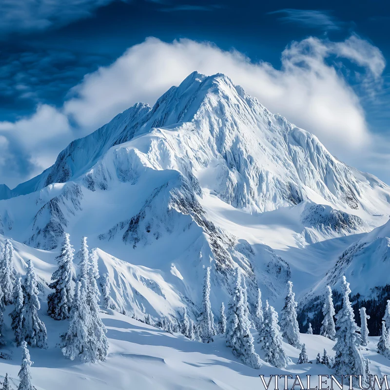 AI ART Winter Mountain Scene with Snow-Covered Trees