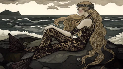 Pensive Mermaid on Rocky Shore