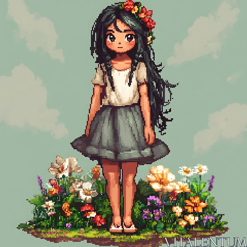 Pixel Art Anime Girl with Flower Crown AI Image