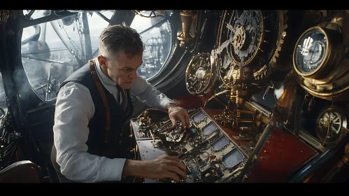 Man operating steampunk machine