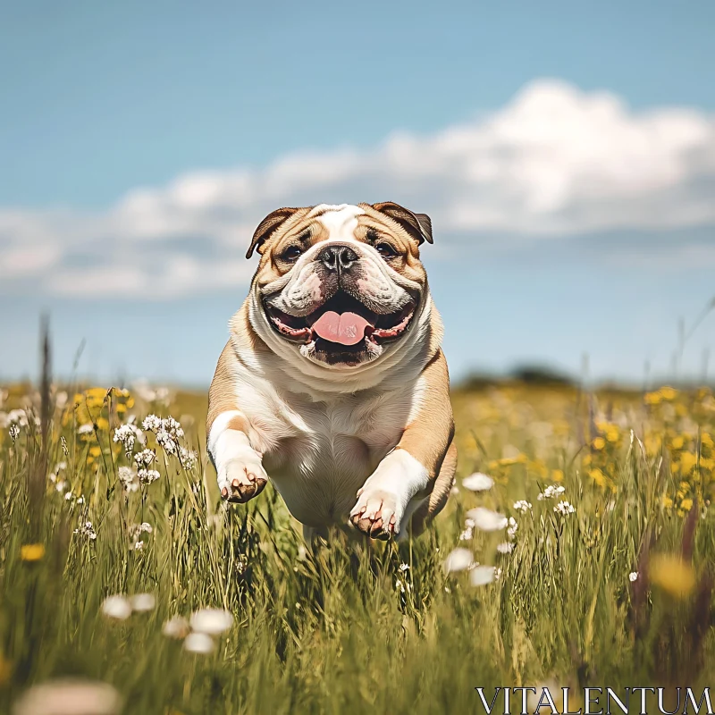 Energetic Bulldog Frolicking in Grass AI Image