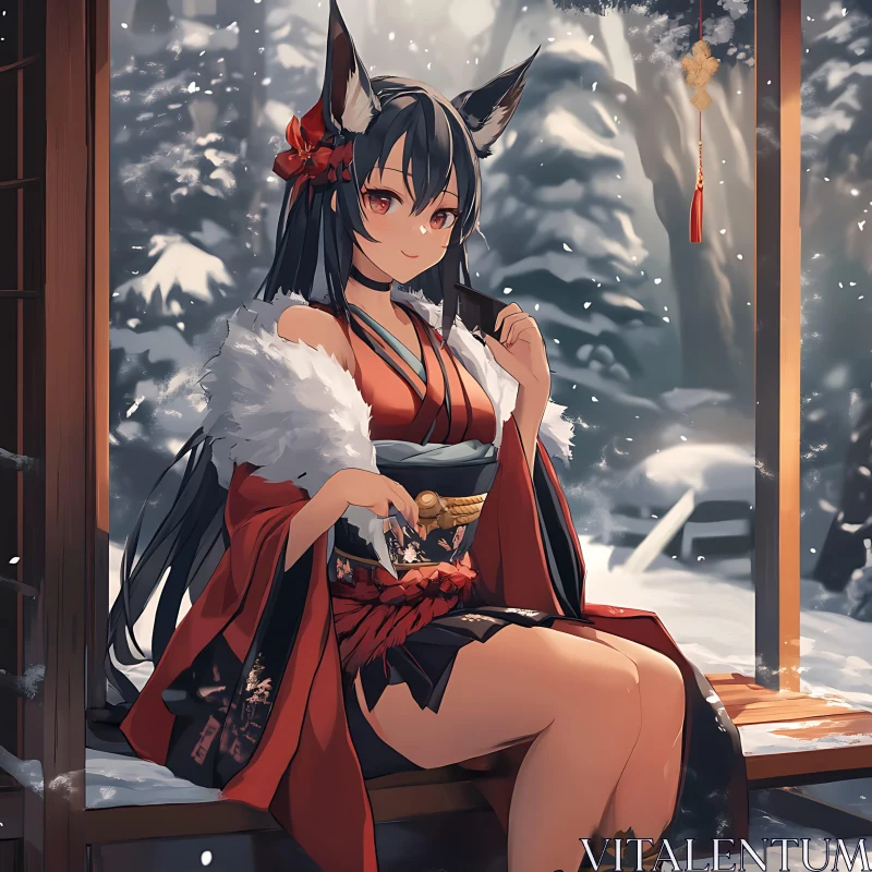 Fox-Eared Girl in Red Kimono Amid Snowy Woods AI Image