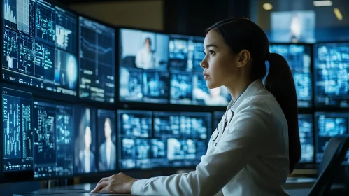 Woman Analyzing Data on Multiple Monitors
