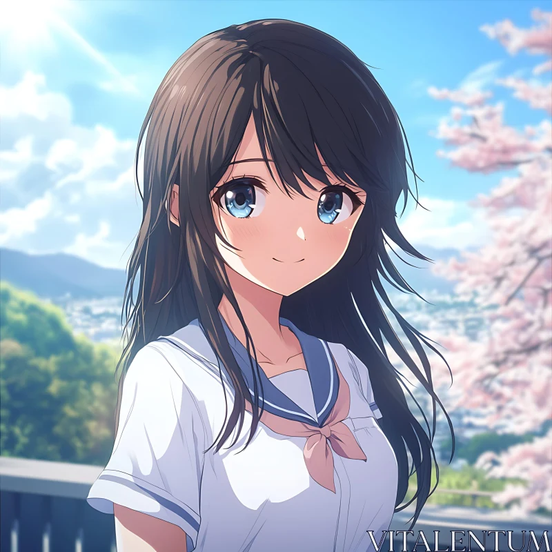 Anime Girl in School Uniform with Cherry Blossoms AI Image