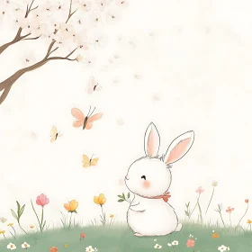 Whimsical Bunny Among Flowers and Butterflies