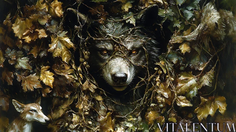 Bear and Fox Hidden in Golden Leaves AI Image