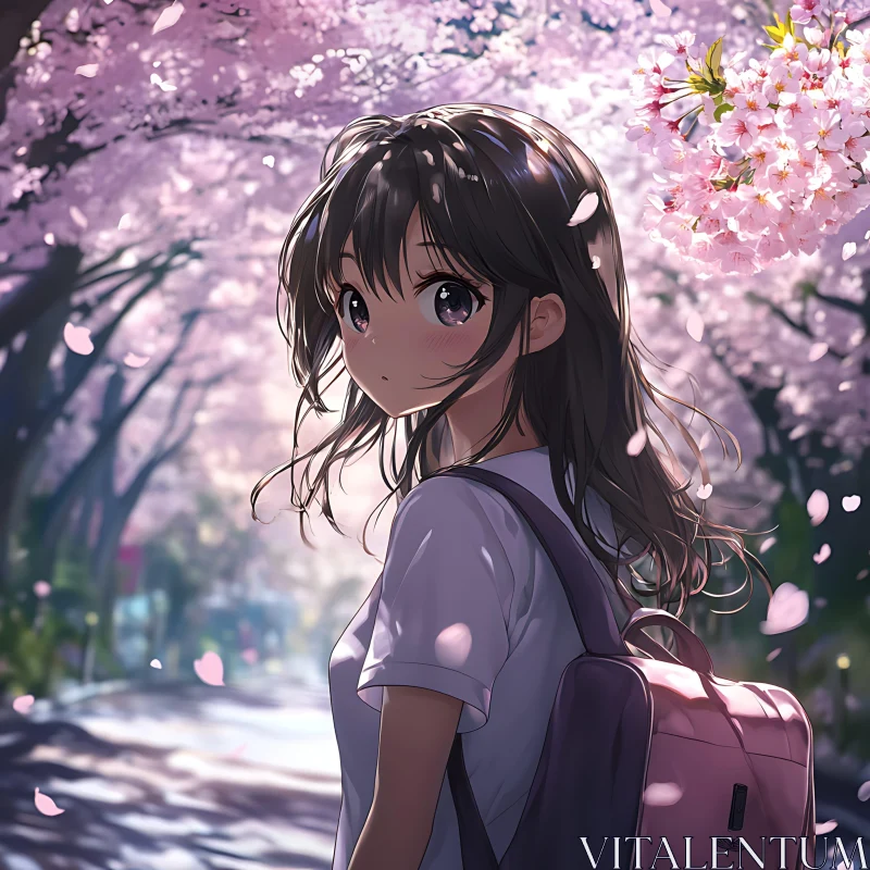 Anime Girl under Cherry Blossoms AI Image