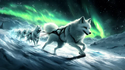 White Wolves and Aurora Borealis Landscape