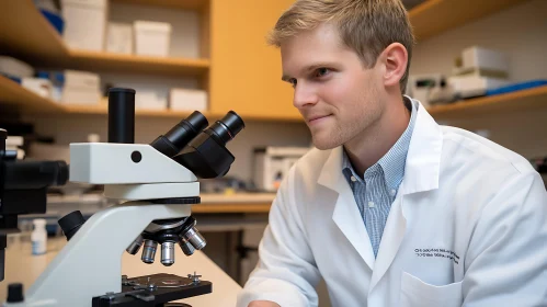 Man in Lab Coat Using Microscope