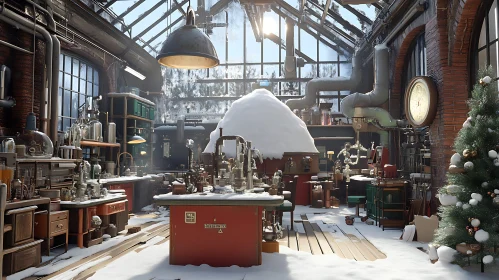 Snowy Workshop Interior with Holiday Decor