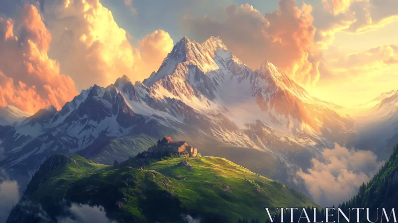 AI ART Scenic Mountain View with Building on Hill