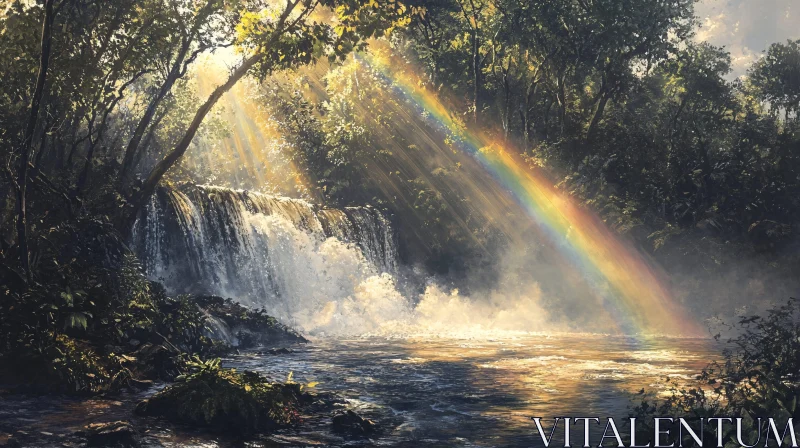 Tranquil Waterfall with Rainbow in Forest AI Image