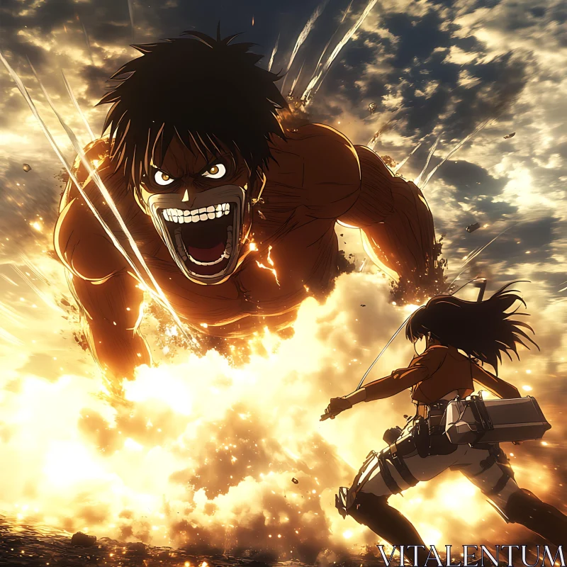 AI ART Epic Anime Clash: Defiant Warrior Meets Roaring Giant