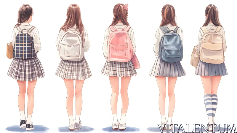 Back View of Anime Style Schoolgirls in Uniform AI Image