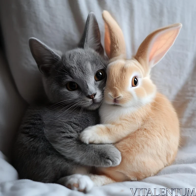 Grey Kitten and Peach Bunny Cuddle AI Image