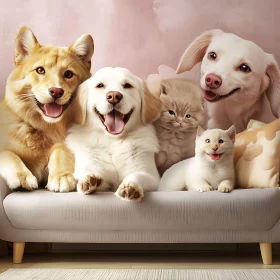 Group Photo of Happy Dogs and Cats on a Couch