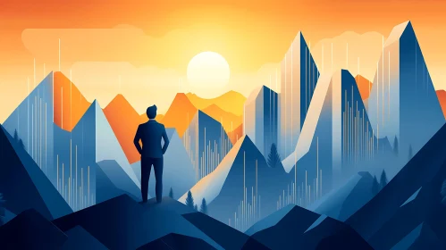 Abstract Mountain Sunset with Contemplative Figure