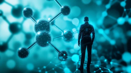 Blue Molecule with Man Silhouette