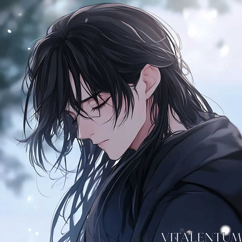 Black-Haired Anime Character in Winter AI Image