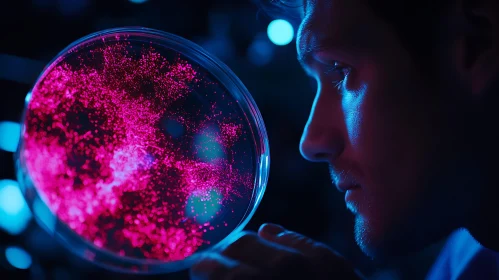 Man Examining Glowing Petri Dish Culture