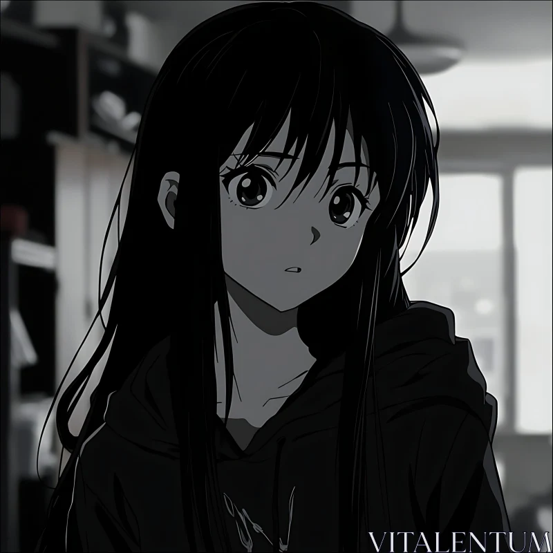 Thoughtful Anime Girl in Monochrome AI Image