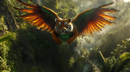 Tiger with Wings Flying Over Greenery