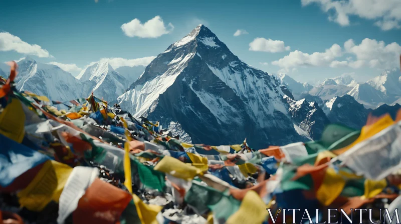 AI ART Mountain Peak with Colorful Flags